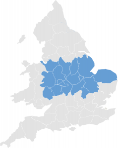 Map showing Central regional counties highlighted A Map of England showing the Central regions highlighted
