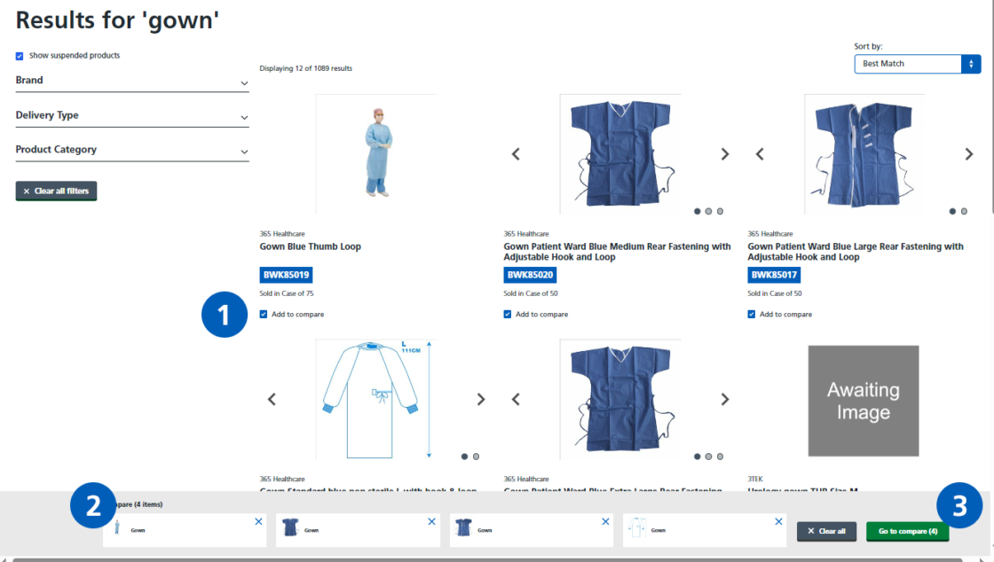 Screenshot of a product listing page of the new online catalogue with relevant areas highlighted by numbered circles
