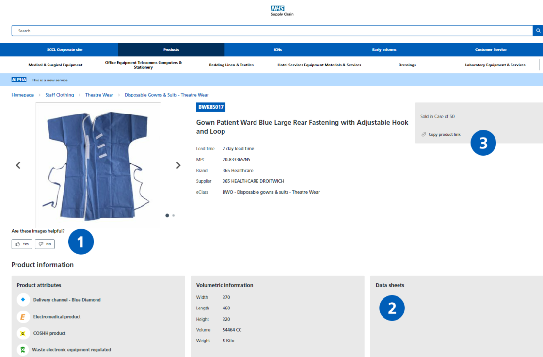 Screenshot of a product page of the new online catalogue with relevant areas highlighted by numbered circles