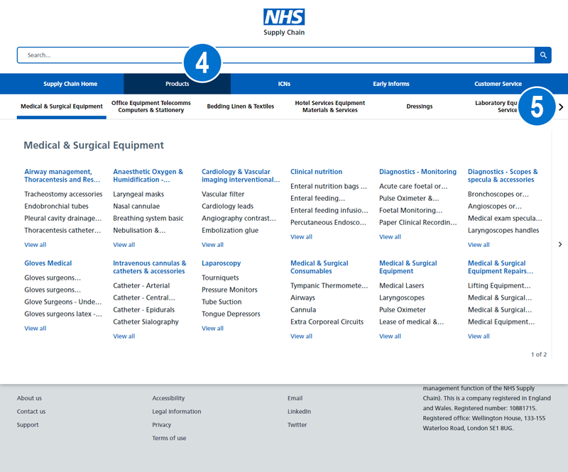 Screenshot of the products area of the new online catalogue showing eclass categories and sub categories.