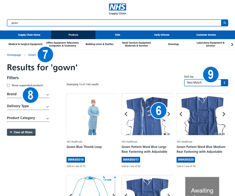 Screenshot of a product listing page after searching for the word gown on the new online catalogue.