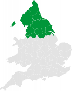 Map showing North regional counties highlighted A Map of England showing the Northern regions highlighted