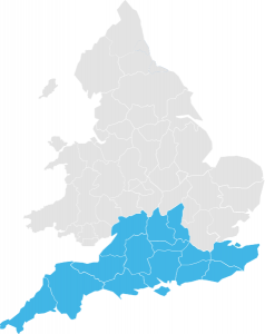 Map showing South regional counties highlighted A Map of England showing the South regions highlighted