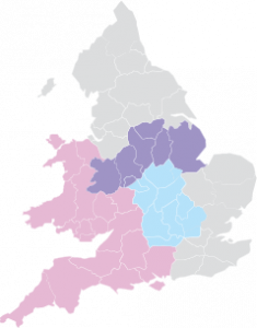 Central and South West of England highlighted on Map of England and Wales. Map of England and Wales with Central and South West highlighted.
