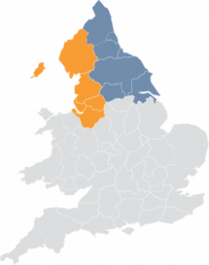 North of England highlighted on Map of England and Wales. Map of England and Wales with North highlighted.