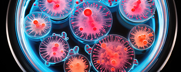 Microscope illustration of vibrant cells in laboratory science dish.
