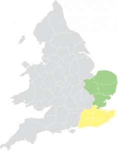 South and East of England highlighted on Map of England and Wales. Map of England and Wales with South and East highlighted.
